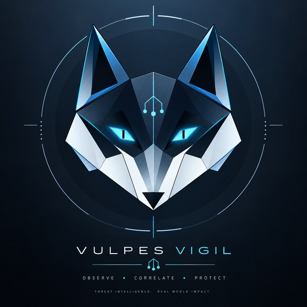 Vulpes Vigil mark — a faceted blue-steel fox head with cyan-lit eyes and a circuit sigil on the brow