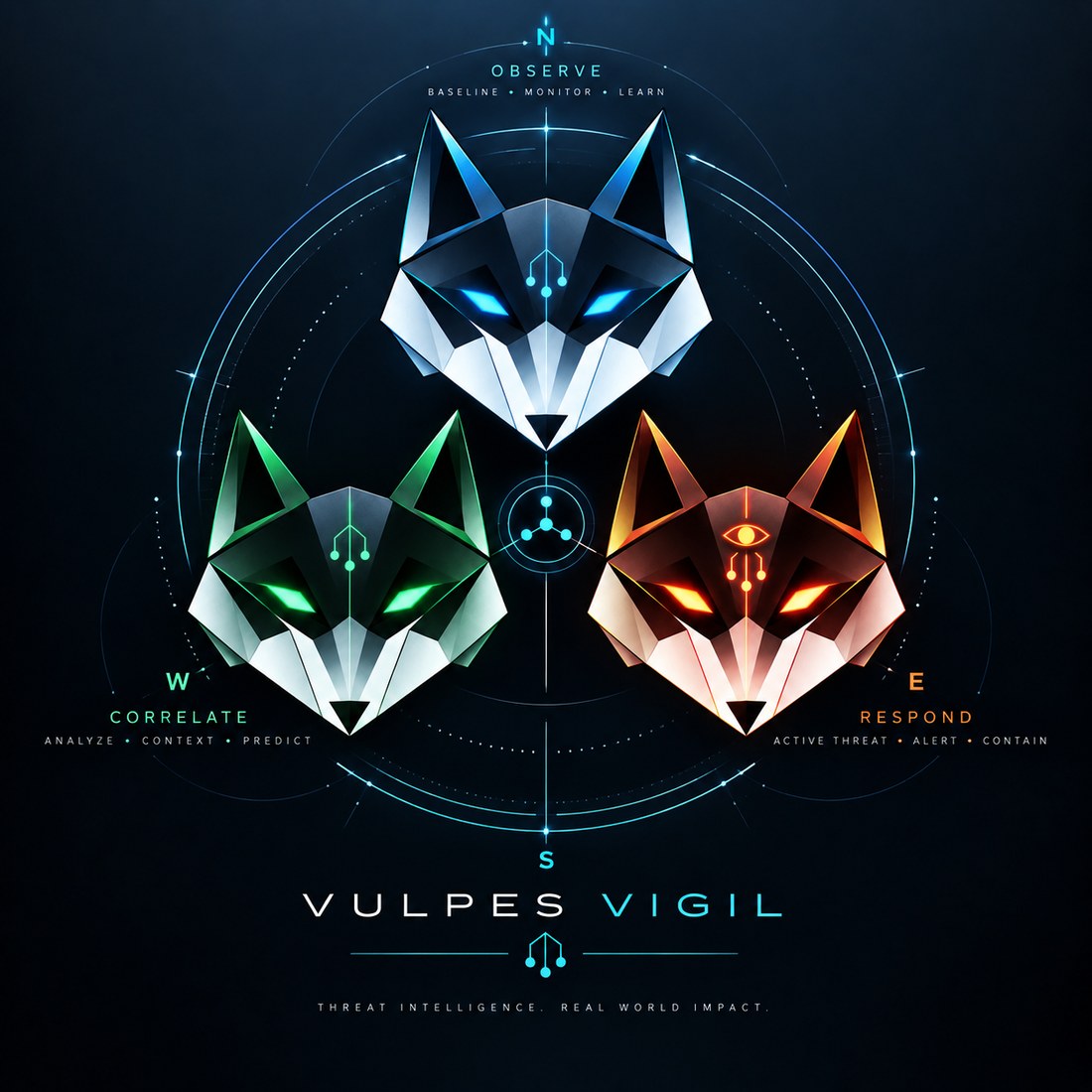 Three Vulpes Vigil foxes on a compass: a blue fox north labelled Observe, a green fox west labelled Correlate, an amber fox east labelled Respond